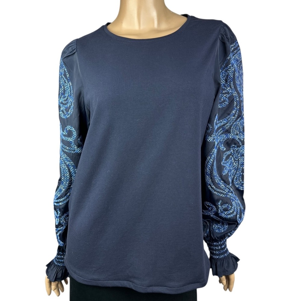 Chico's Blue Pullover Blouse Long Balloon Sleeves w Lt Blue Design Size 1/Medium